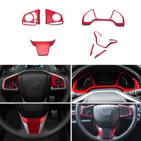 Red Steering Wheel Dashboard Panel Frame Decor Trim For Honda Civic 2016-2021