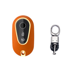 Orange TPU w/Leather Texture Full Protect Remote Key Fob w/Keychain For Mercedes S-Class 2020+