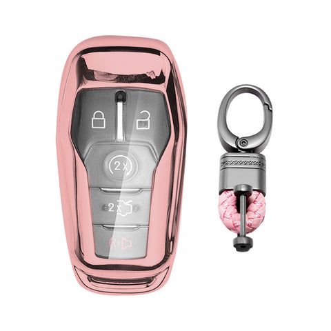 Rose Gold TPU Key Fob Shell Full Cover Case w/Keychain, Compatible with Ford Fusion Mustang