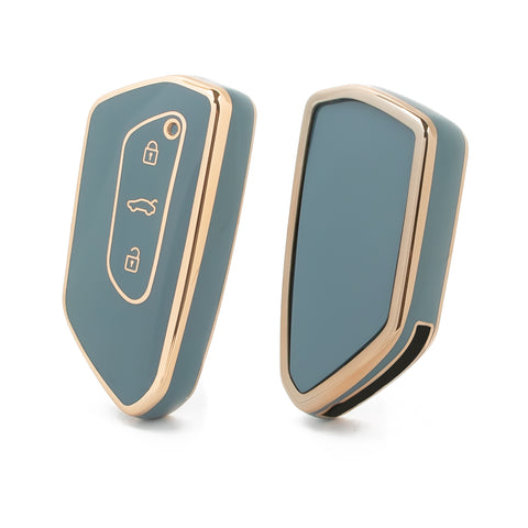 2Pcs Gold Edge Gray TPU Key Fob Shell Full Cover Case, Compatible with Volkswagen Golf 8 ID.4 MK8 Seat Leon MK4 Skoda Octavia Smart Keyless Entry Key