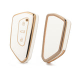 2Pcs Gold Edge White TPU Key Fob Shell Full Cover Case, Compatible with Volkswagen Golf 8 ID.4 MK8 Seat Leon MK4 Skoda Octavia Smart Keyless Entry Key