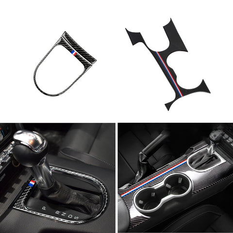 Carbon Fiber w/Tri Color Console Gear Shift Panel Cover For Ford Mustang 2015+