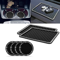 Sparkly Anti-Slip Car Cup Holder Coasters Dashboard Sticky Pad Mat Combo Kit