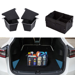 Rear Trunk Side Insert Layered Storage Bin Box Organizer Protector Packet + Foldable Cargo Groceries Tote Sundries Fabric Bag Basket Kit Compatible with Tesla Model Y 5 Seater 2020-2021