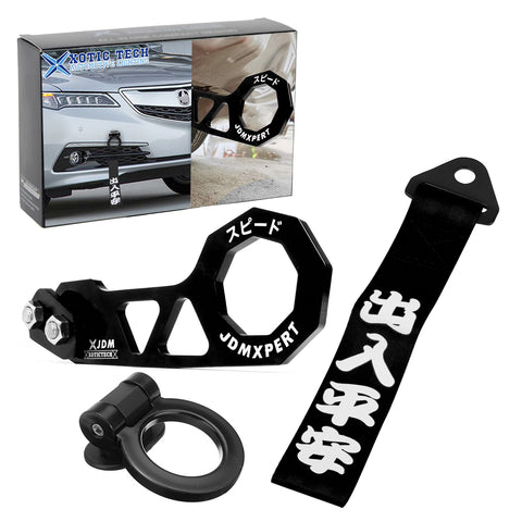 JDM Sports Tow Strap Racing Tow Strap Car Trailer Belt with Chinese Slogan + Front Tow Hook Kit Bumper Decoration + Rear Tow Towing Hook Universal for Car (Safe Trip Wherever You go,Blue)