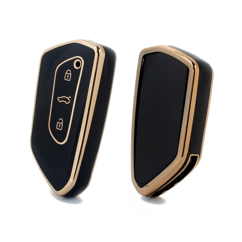 2Pcs Gold Edge Black TPU Key Fob Shell Full Cover Case, Compatible with Volkswagen Golf 8 ID.4 MK8 Seat Leon MK4 Skoda Octavia Smart Keyless Entry Key