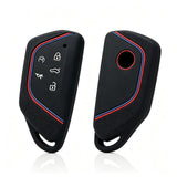 x xotic tech Sport Soft Silicone Smart Key Fob Cover with Red Blue Racing Stripe Compatible with VW Volkswagen Golf GTI/R MK8, ID.4, Atlas Cross Sport, 5-Button Matte Remote Protector Case