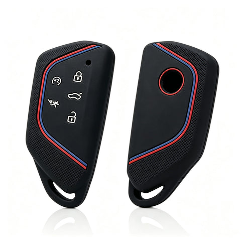 x xotic tech Sport Soft Silicone Smart Key Fob Cover with Red Blue Racing Stripe Compatible with VW Volkswagen Golf GTI/R MK8, ID.4, Atlas Cross Sport, 5-Button Matte Remote Protector Case