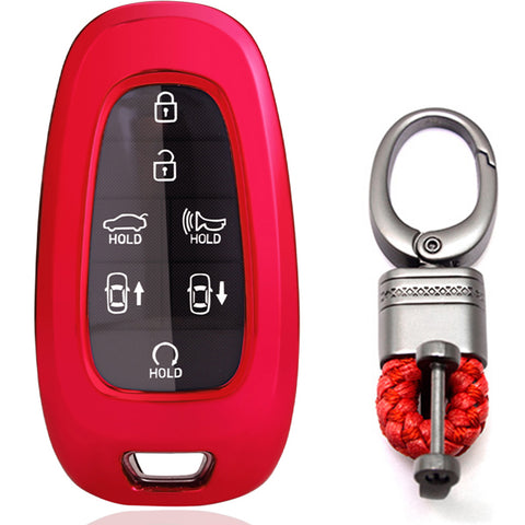 Xotic Tech Red TPU Key Fob Shell Full Cover Case w/ Keychain, Compatible with Hyundai Sonata Tucson Santa Fe Smart Keyless Entry Key