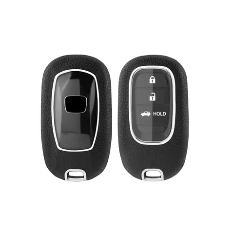 Black TPU w/Leather Texture Full Protect Remote Key Fob w/Keychain For Honda Accord 2022+