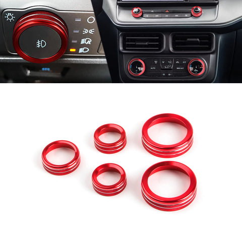 Air Conditioner Headlight Switch Knob, Headlight Volume Radio Control Knob Ring Cover, Compatible with Ford Maverick 2022 2023 (Aluminum Alloy, Red) -5PCS