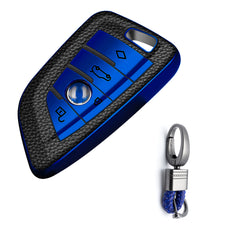 For BMW X1 X3 X5 X6 X7 5 7 Series Blue TPU Leather Key Shell Fob Case Cover w/Keychain