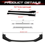 Front Bumper Lip Chin Spoiler+ 2M Side Skirt Winglets Diffusers+ Adjustable 10"-13" Support Rod Compatible with Honda Accord Civic or VW MK5 MK6 MK7 or Kia Optima, Glossy Black w/White
