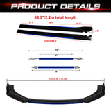 Front Bumper Lip Chin Spoiler+ 2.2M Side Skirt Winglets Diffusers+ Adjustable 10"-13" Support Rod Compatible with Honda Accord Civic or VW MK5 MK6 MK7 or Kia Optima, Glossy Black w/Blue