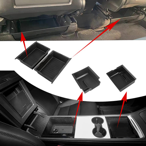 Interior ABS Center Console Armrest Black Layer Cubby Drawer Storage Box + Underseat er Waterproof Hidden Tray Insert Bin Organizer Combo Kit Compatible with Tesla Model Y 2021-2023