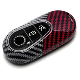 x xotic tech Glossy Black/Red Mix Color Carbon Fiber Texture Hard Plastic Key Fob Cover Case Compatible with Mercedes Benz W223 S Class, W206 C Class, X254 GLC Class, EQS EQE Gen4 Oval Shape