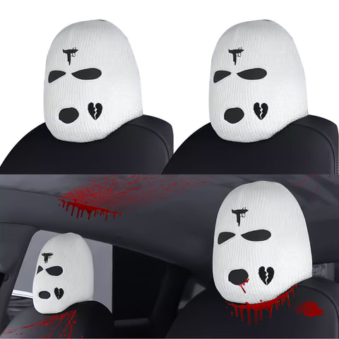 Xotic Tech Car Funny Decoration Spoof Balaclava Face Headrest Cover, Scary Bank Robber Costume Front Seat Head Rest Protector, Halloween Bandit Mask Auto Accessories Universal for Most Car-White