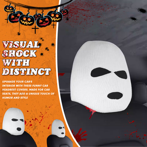 Xotic Tech Car Funny Decoration Spoof Balaclava Face Headrest Cover, Scary Bank Robber Costume Front Seat Head Rest Protector, Halloween Bandit Mask Auto Accessories Universal for Most Car-White