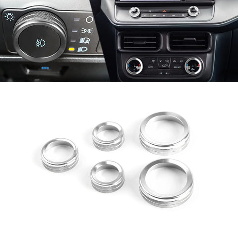 Air Conditioner Headlight Switch Knob, Headlight Volume Radio Control Knob Ring Cover, Compatible with Ford Maverick 2022 2023 (Aluminum Alloy, Silver) -5PCS