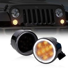 x xotic tech Smoked Lens Turn Signal Lights White Halo Ring DRL Amber LED Front Grill Indicator Parking Lights Lamp Assembly Replacement Compatible with Jeep Wrangler JK JKU 2007-2018