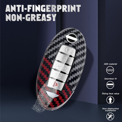 x xotic tech Glossy Black/Red Carbon Fiber Texture Hard Key Fob Cover Case Compatible with Infiniti EX FX JX QX or Nissan Altima GTR Maxima Murano Pathfinder Sentra Oval Shape 3-6 Buttons Smart Key