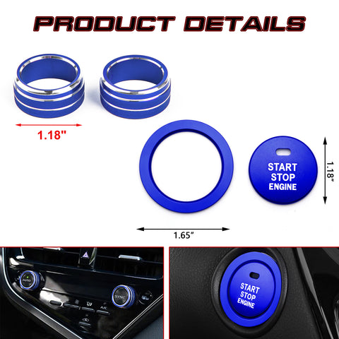 Blue Engine Start Button Switch + AC Climate Knob Cover For Toyota Camry 2021+