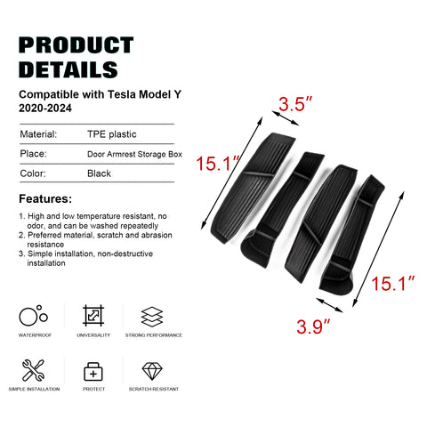 4PCS/Set Door Side Handle Slot Armrest Storage Box Organizer Holder Tray Front and Rear Accessories Compatible with Tesla Model 3 2016-2024