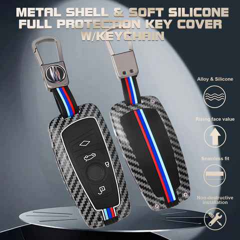 x xotic tech Key Fob Cover Case Compatible with BMW 1 3 4 5 6 7 Series X3 X5 X6 X7 M5 M6 GT3 GT5 Zinc Alloy Heavy Duty Shell Protector Holder Keychain with Carbon Fiber Pattern