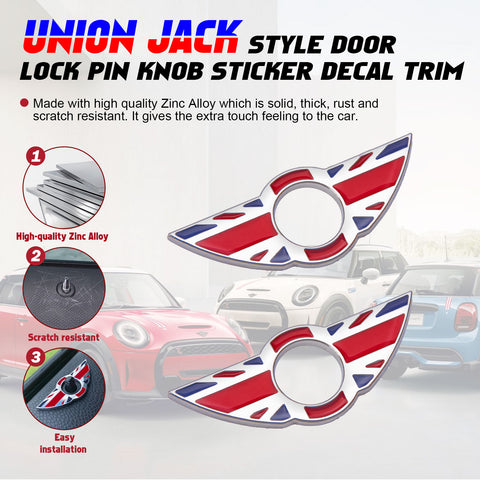 x xotic tech 2Pcs Union Jack Wing Emblem Rings Door Lock Pin Knobs Badge Cover Sticker Trim Decoration Compatible with Mini Cooper R55 R56 R57 R58 R59(Not Fit R60 R61 F55 F56)