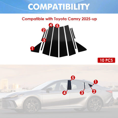 For Toyota Camry 2025+ 10pcs Black Pillar Post Door Window Trim Piano Cover Kit