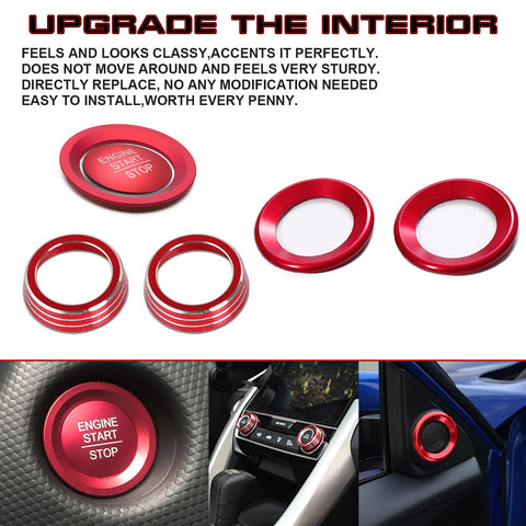 Red A-Pillar Door AC Knob Control Engine Start Stop Button Cover For Honda Civic