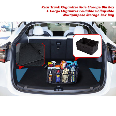 Rear Trunk Side Insert Layered Storage Bin Box Organizer Protector Packet + Foldable Cargo Groceries Tote Sundries Fabric Bag Basket Kit Compatible with Tesla Model Y 5 Seater 2020-2021