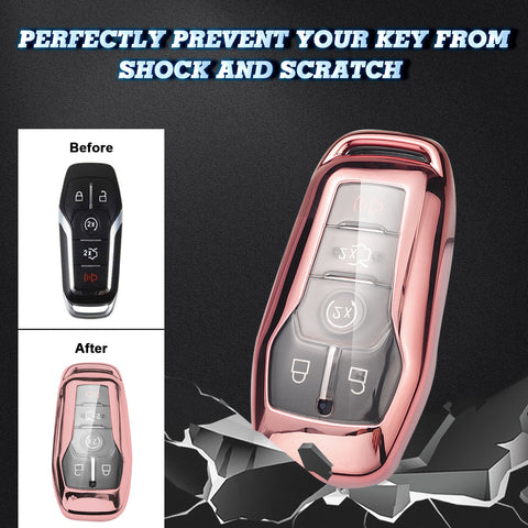 Rose Gold TPU Key Fob Shell Full Cover Case w/Keychain, Compatible with Ford Fusion Mustang