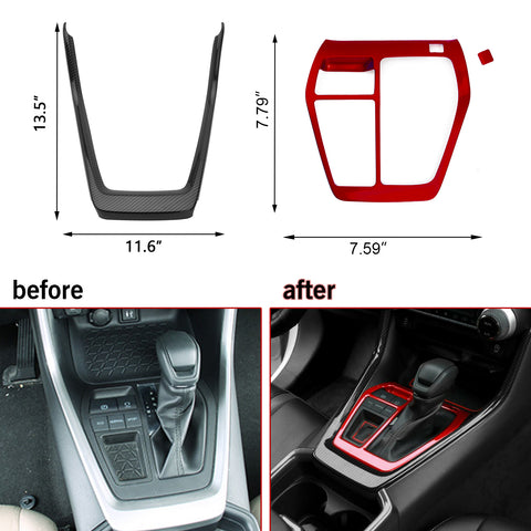 Carbon Fiber Pattern + Red Gear Shift Box Combo Cover For Toyota RAV4 2019-2024