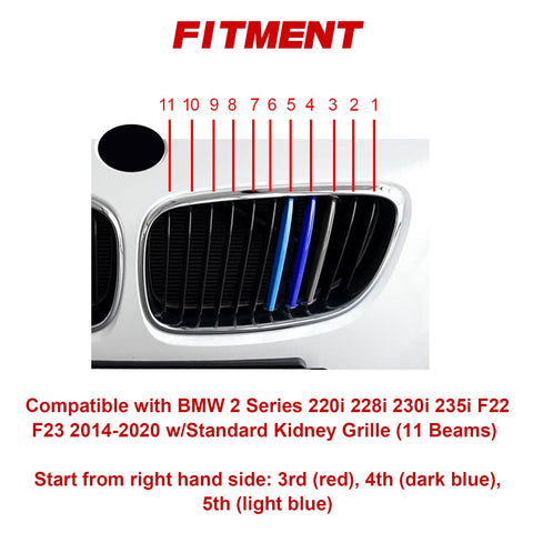 Set Tri-Colored Front Kidney Grille Strips Clip Cover For BMW 2 Series 2014-2020