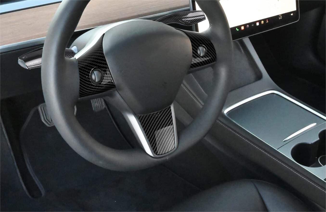 Carbon Fiber ABS Set Steering Paddle Shifter Trim Cover For Tesla Mode