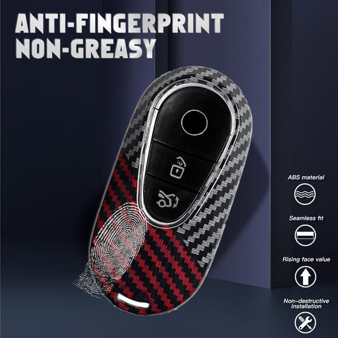 x xotic tech Glossy Black/Red Mix Color Carbon Fiber Texture Hard Plastic Key Fob Cover Case Compatible with Mercedes Benz W223 S Class, W206 C Class, X254 GLC Class, EQS EQE Gen4 Oval Shape