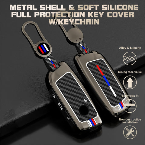 x xotic tech Heavy Zinc Alloy Key Fob Cover Compatible with BMW IX I5 X5 X6 X7 IX I7 5 7 Series 740i 760i 2023-2026, Full Protect Remote Metal Keys Holder Keychain with Carbon Fiber Pattern