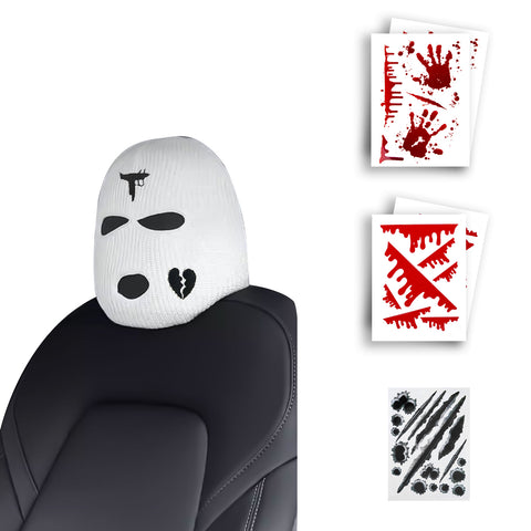 Xotic Tech Car Funny Decoration Spoof Balaclava Face Headrest Cover, Scary Bank Robber Costume Front Seat Head Rest Protector, Halloween Bandit Mask Auto Accessories Universal for Most Car-White