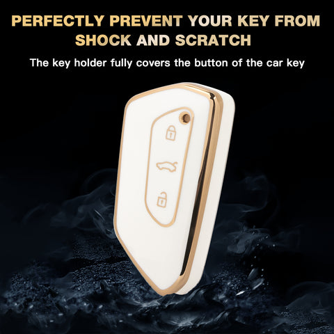 White TPU Key Fob Shell Full Cover Case w/ Keychain, Compatible with Volkswagen Golf 8 ID.4 MK8 Seat Leon MK4 Skoda Octavia Smart Keyless Entry Key