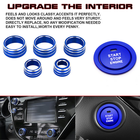 Blue AC Climate Audio Rear Mirror Knob Start Stop Button Cover For Camry 18-2020