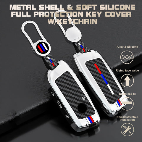 x xotic tech Heavy Zinc Alloy Key Fob Cover Compatible with BMW IX I5 X5 X6 X7 IX I7 5 7 Series 740i 760i 2023-2026, Full Protect Remote Metal Keys Holder Keychain with Carbon Fiber Pattern