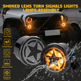 x xotic tech Smoked Lens Turn Signal Lights White Halo Ring DRL Amber LED Front Grill Indicator Parking Lights Lamp Assembly Replacement Compatible with Jeep Wrangler JK JKU 2007-2018