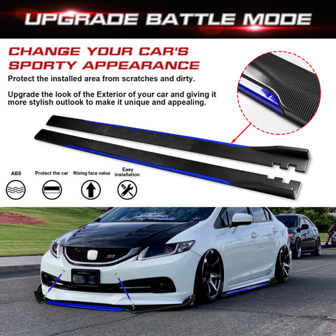 Front Bumper Lip Chin Spoiler+ 2.2M Side Skirt Winglets Diffusers+ Adjustable 10"-13" Support Rod Compatible with Honda Accord Civic or VW MK5 MK6 MK7 or Kia Optima, Carbon Fiber w/Blue