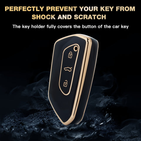 2Pcs Gold Edge Black TPU Key Fob Shell Full Cover Case, Compatible with Volkswagen Golf 8 ID.4 MK8 Seat Leon MK4 Skoda Octavia Smart Keyless Entry Key