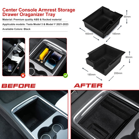 2PCS Interior Center Console Organizer Tray Armrest Black Flocking Layer Hidden Cubby Drawer Storage Box Phone Coin Holder Tray Compatible with Tesla Model 3 Model Y 2021-UP