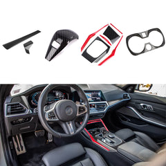 Red+Carbon Fiber Look Dashboard Stripe Gear Shift Panel Cover For BMW 3-Series