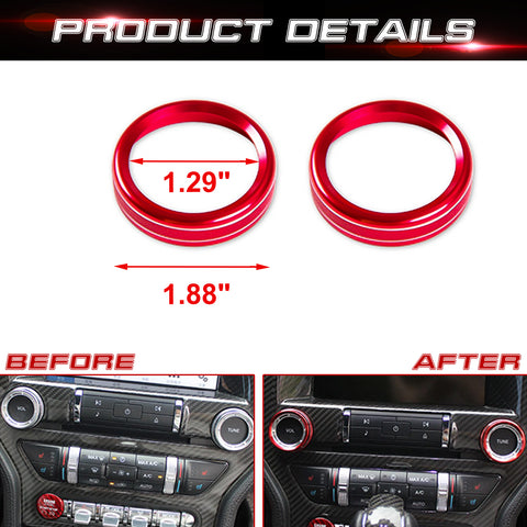 2pcs Centre Console Radio Volume Tune Switch Control Knob Surrounding Ring Decoration Covers Compatible with Ford Mustang 2015-up (Red)