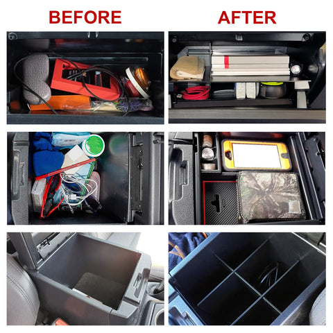 Interior Center Console Armrest Insert Storage Box Organizer w/Red Anti-Slip Pad + Armrest Box Bottom Divider + Glove Box Divider Combo Kit,Compatible with Toyota Tacoma 2016-2023