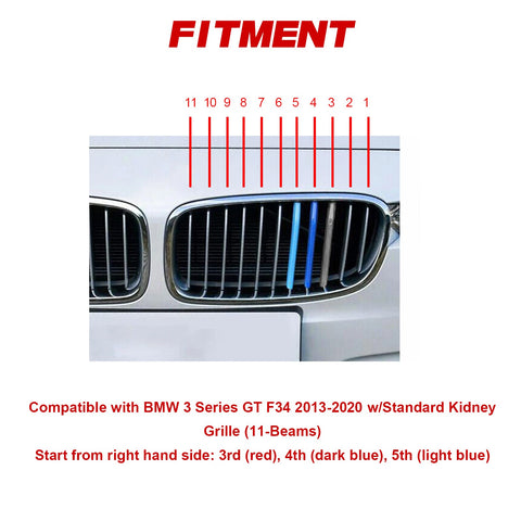 Tri-Colored Front Kidney Grille Strips Clip Cover For BMW 3 Series GT 2013-2020